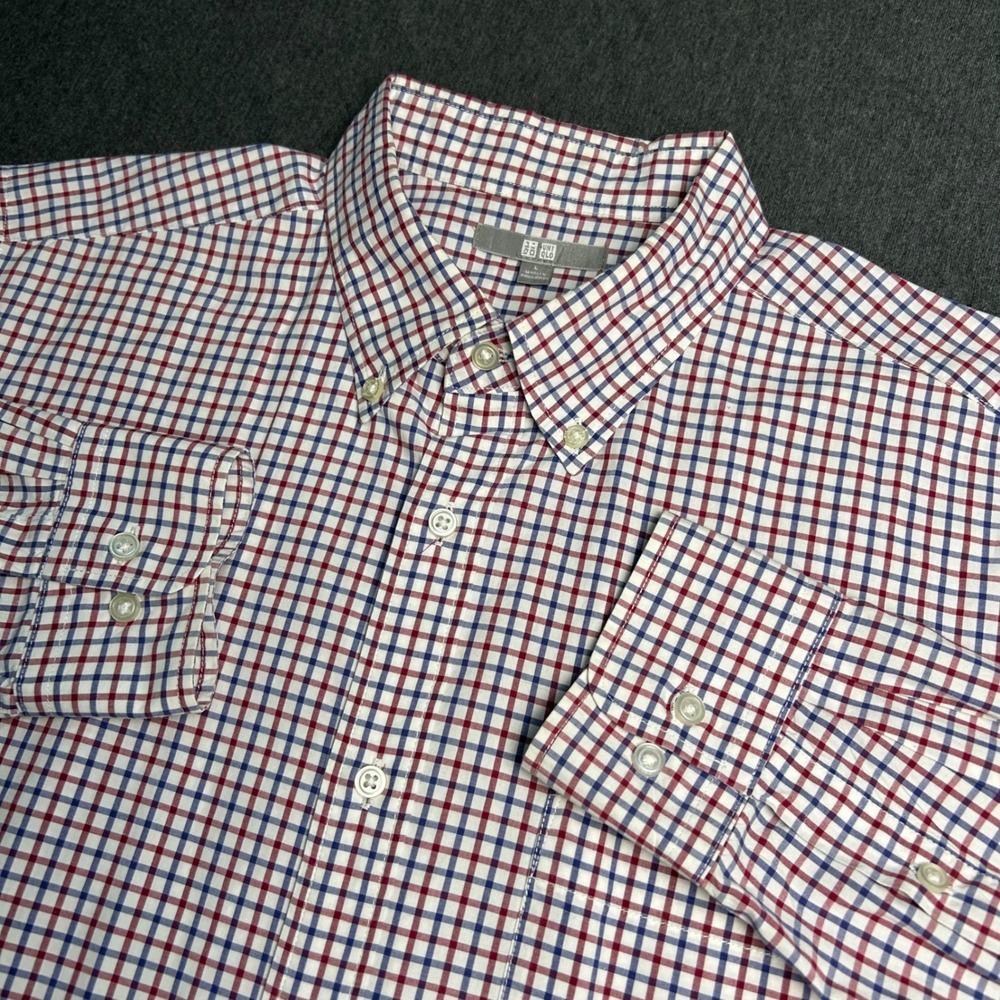 Uniqlo Button Down Shirt Mens Large Red Blue Check Plaid Cotton Casual